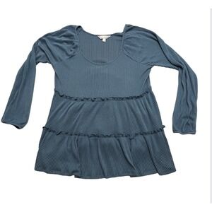 LC Lauren‎ Conrad Women Large Blue Ribbed Tiered Babydoll Tunic Top Soft Flowy